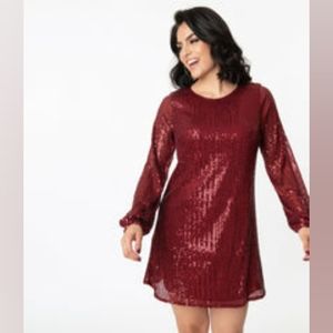 Wine Sequin Long Sleeve Shift Dress Sz L